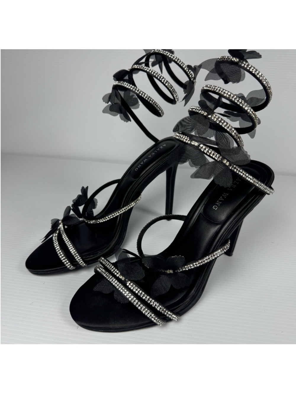 Crystal-Strap Black Floral Lace-Up Heels